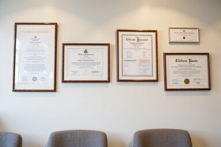 Image showcasing various professional certifications and awards on a wall